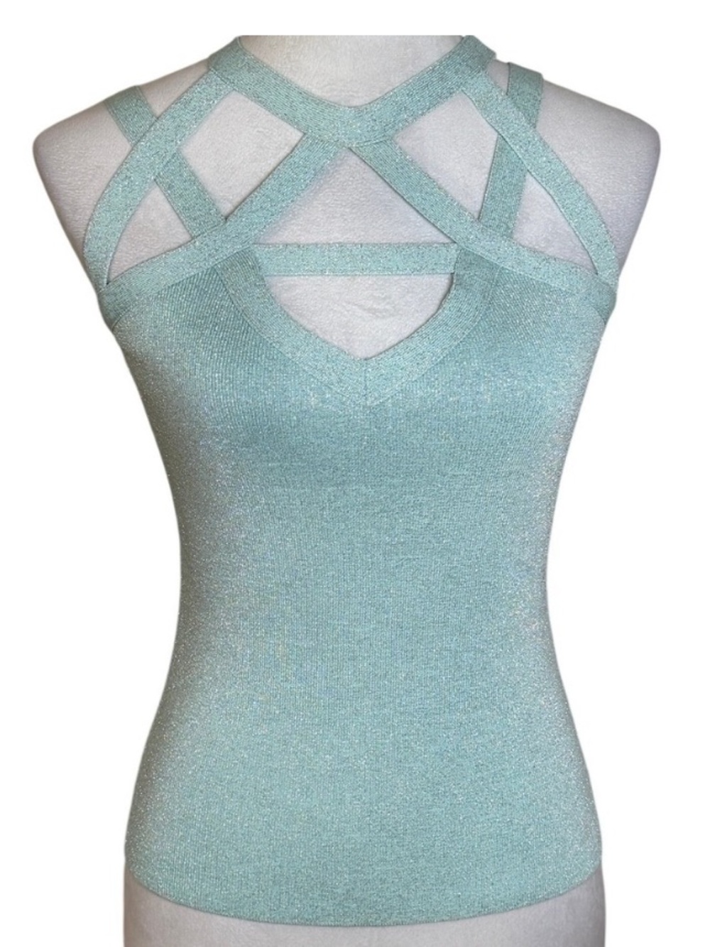 Mint Green Metallic Bandage Top XS Tank Stretch Shimmer Y2K